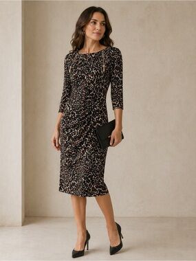 Joseph Ribkoff Animal Print Midi Dress Ruched 3/4 Sleeve Cocktail Wedding Guest